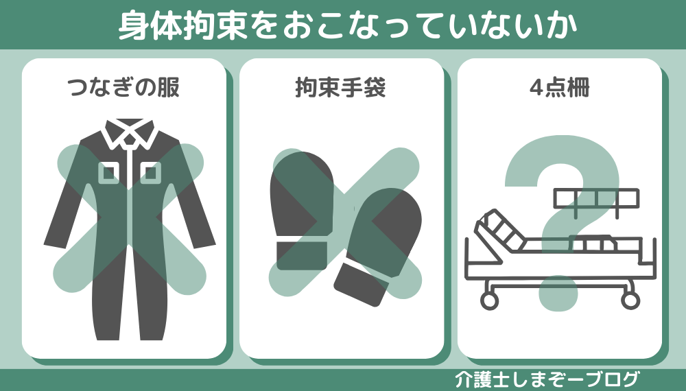 ②面接・見学で身体拘束をおこなっていないか確認