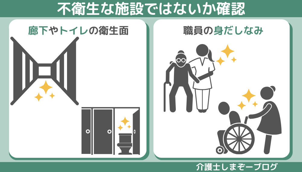 ①面接・見学で不衛生な施設ではないか確認